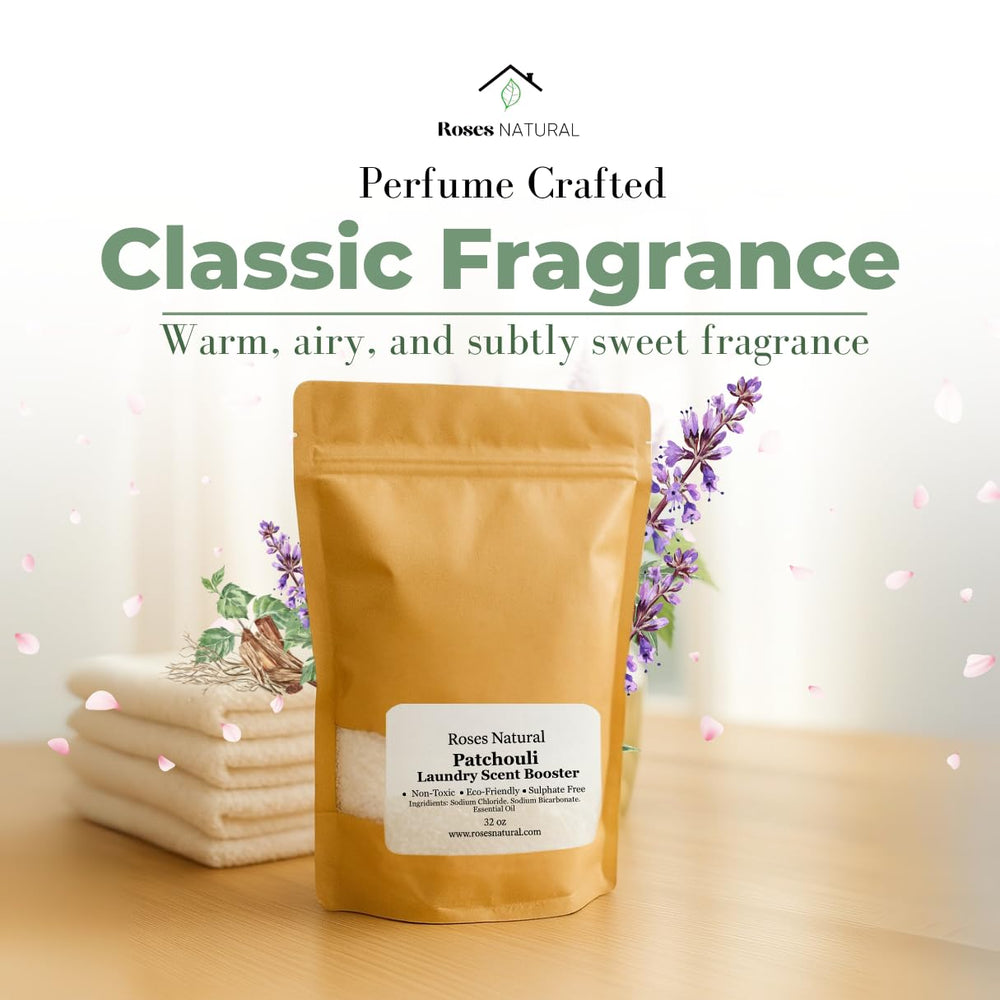 Roses Natural Patchouli In-Wash bottle pour demonstrates easy scent distribution for loads.