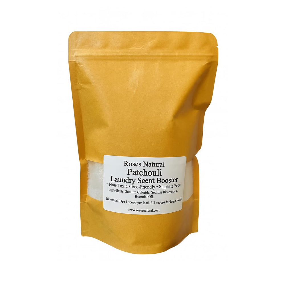 Roses Natural Patchouli In-Wash packaging close-up emphasizes non-toxic, plant-based ingredients.