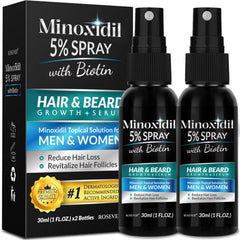 Rosever Minoxidil 5-percent spray bottle targets thinning areas for potential regrowth.