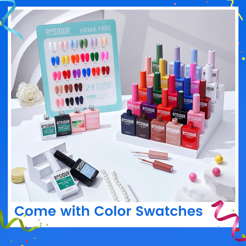 Rosiour 18ml gel bottles lined up for long-lasting color
