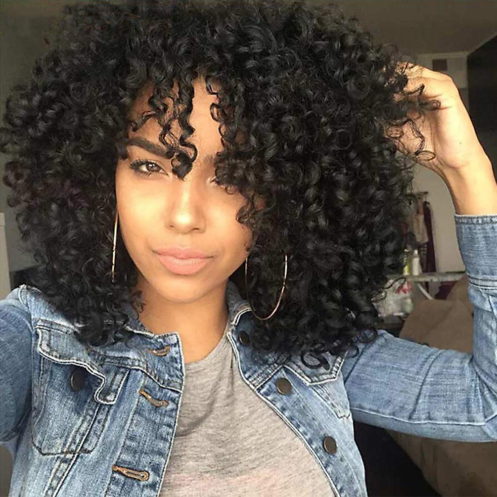 Rosmile Curly Wig with bangs in natural 1B color for versatile daily wear.