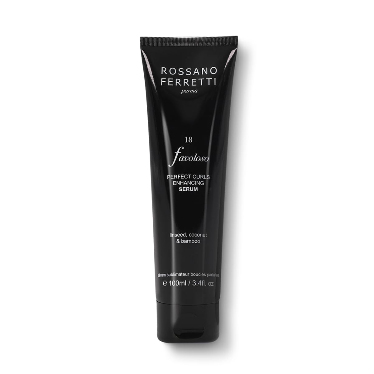 Rossano Ferretti Favoloso serum bottle highlighting defined, hydrated curls.