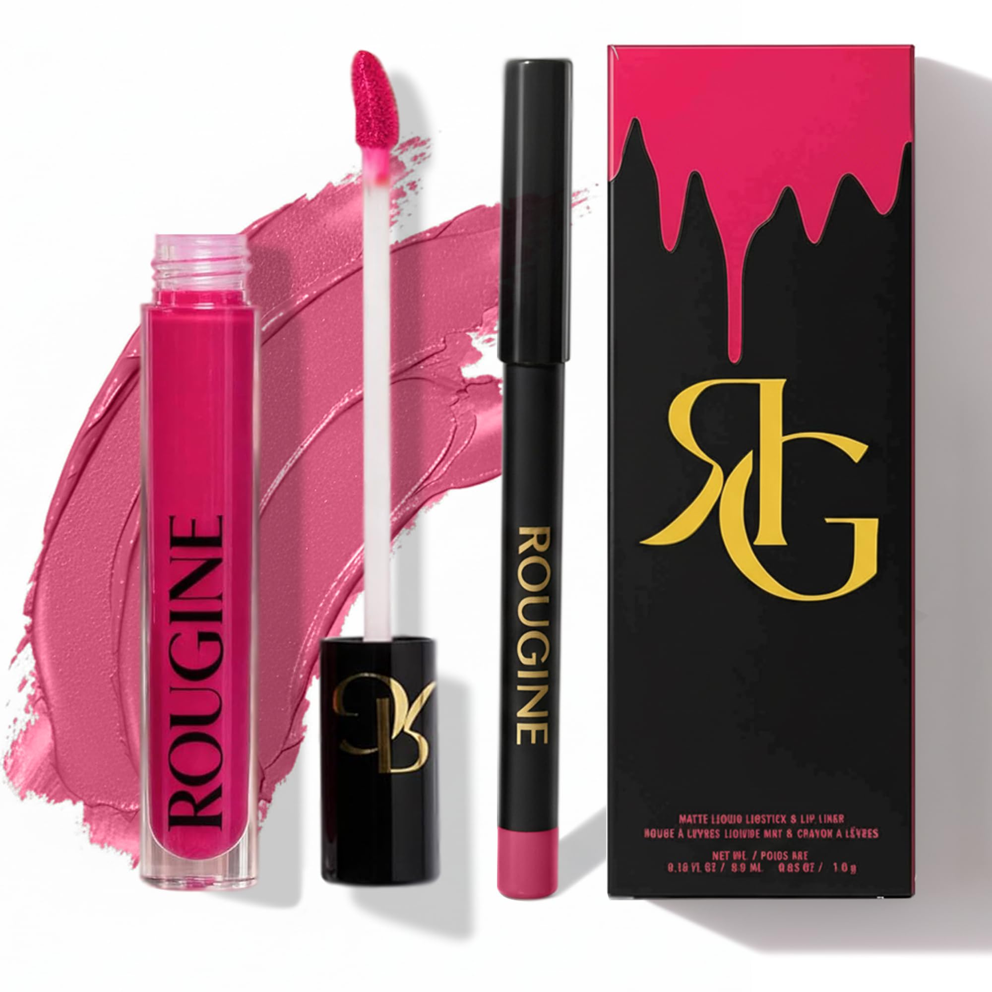 ROUGINE French Kiss liquid lipstick with precise applicator for smooth application.