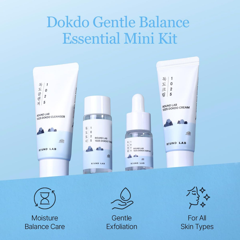 ROUND LAB 1025 Dokdo mini kit contents for daily hydration and gentle care.