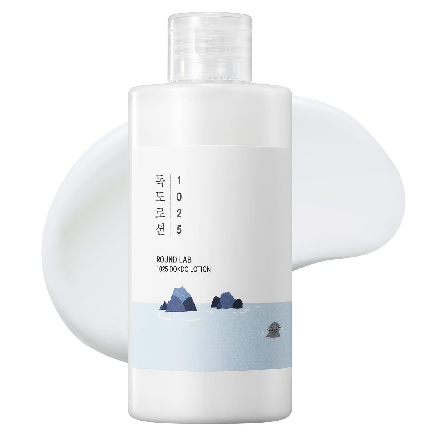 ROUND LAB 1025 Dokdo Lotion bottle pour demonstrates long-lasting hydration for dry skin.