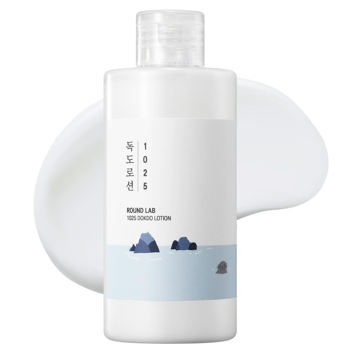 ROUND LAB 1025 Dokdo Lotion bottle pour demonstrates long-lasting hydration for dry skin.
