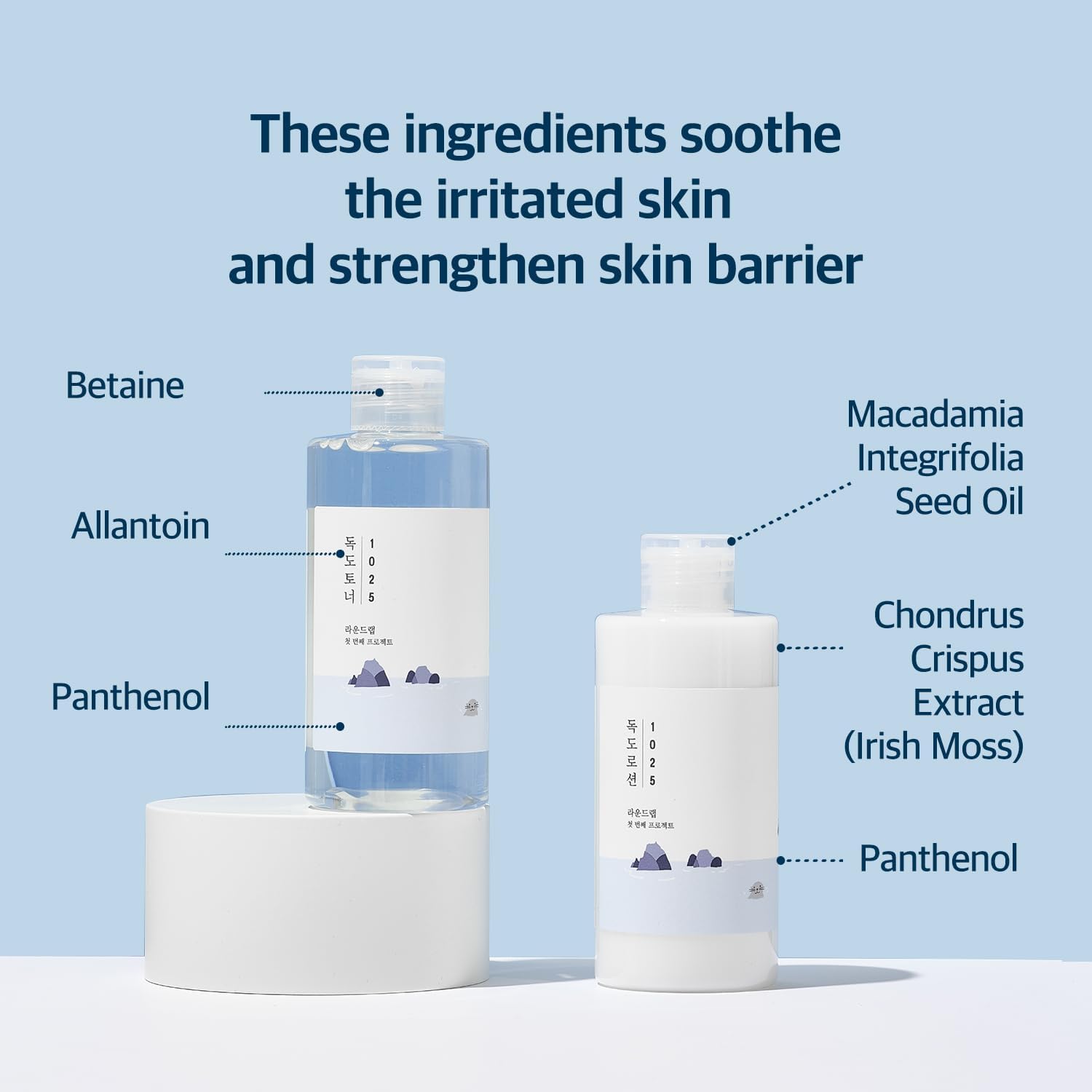 Round Lab 1025 Dokdo Lotion bottle highlighting long-lasting moisture.