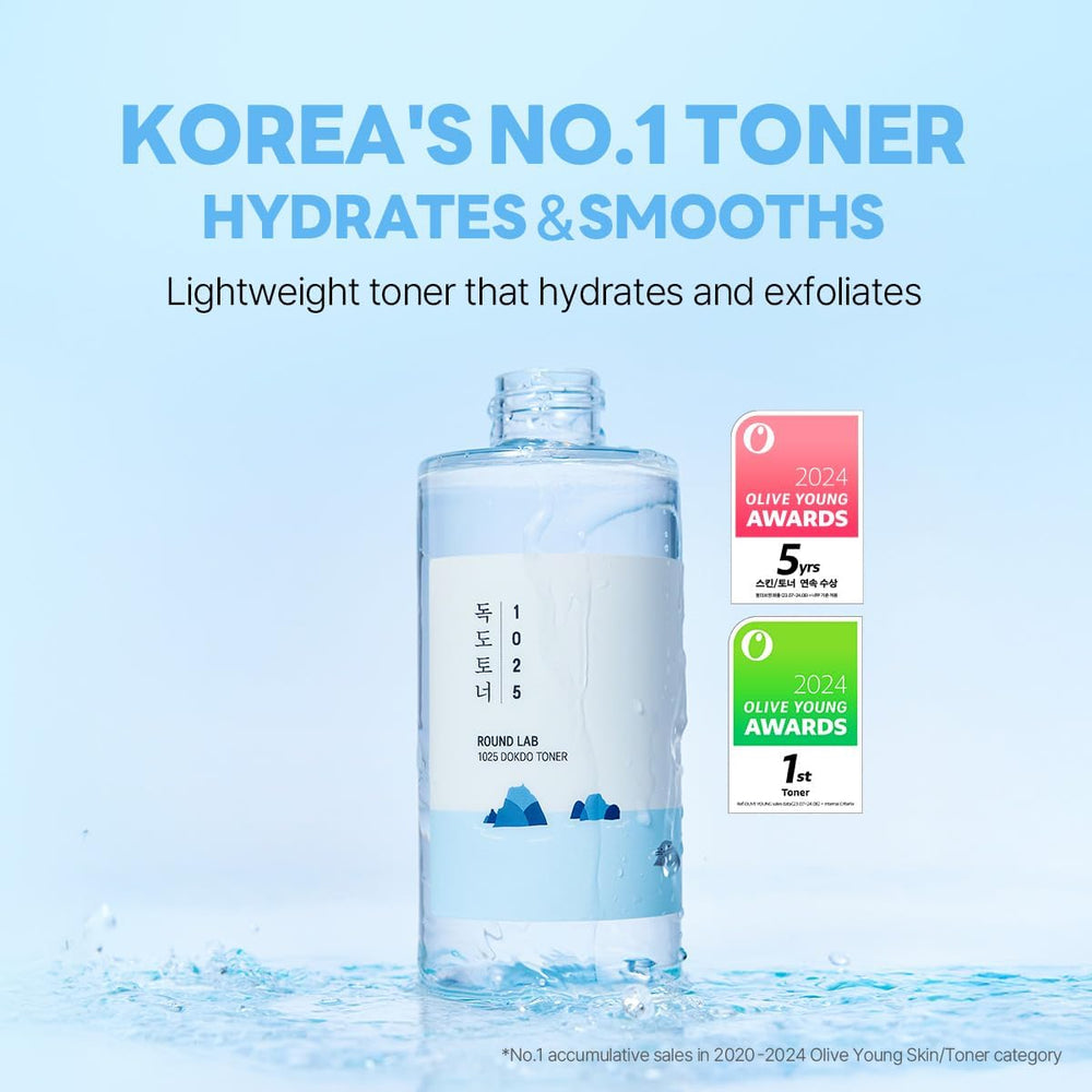ROUND LAB 1025 Dokdo Toner bottle closeup shows hydrating formula