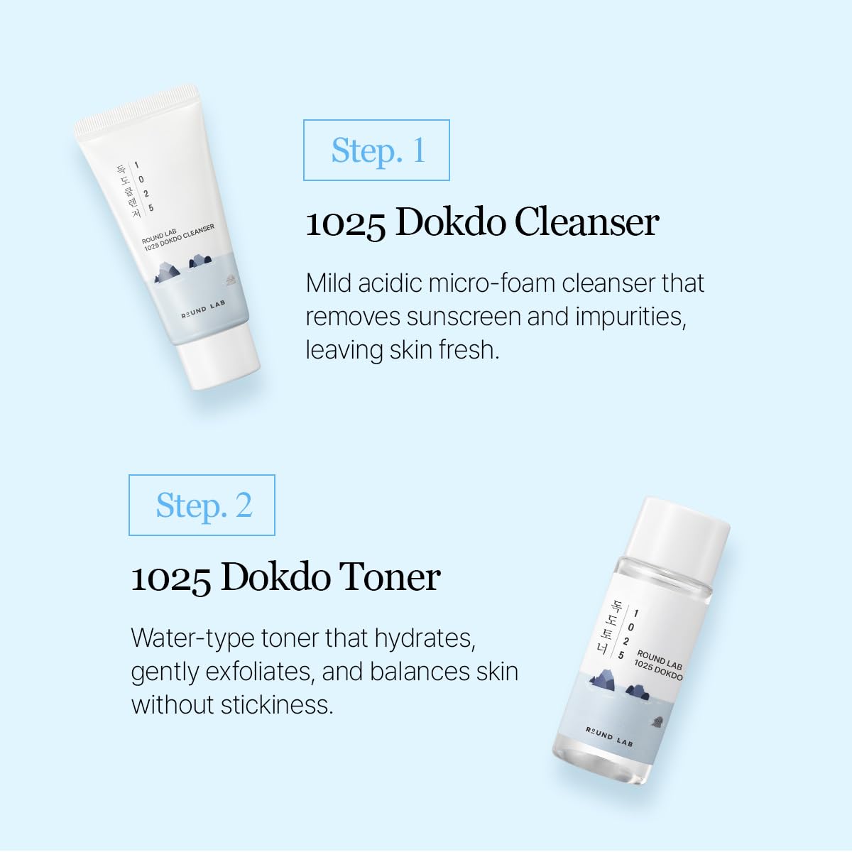 ROUND LAB 1025 Dokdo toner mini 20ml bottle for soothing hydration.
