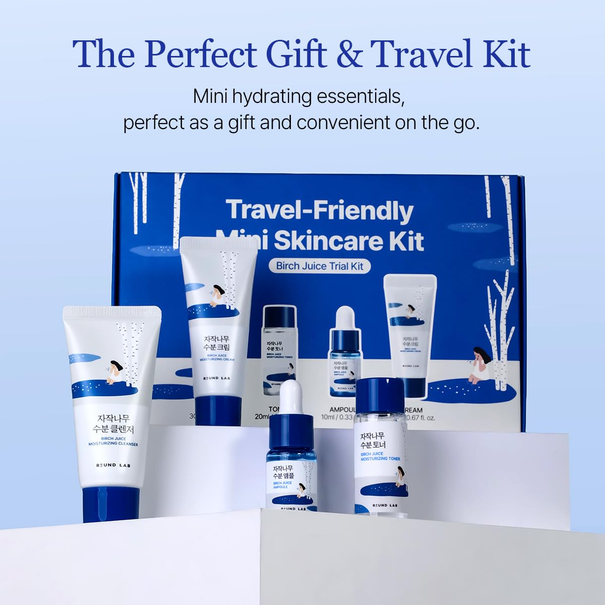ROUND LAB Birch Juice Travel Kit display, neat, ready for vacations or gym trips.