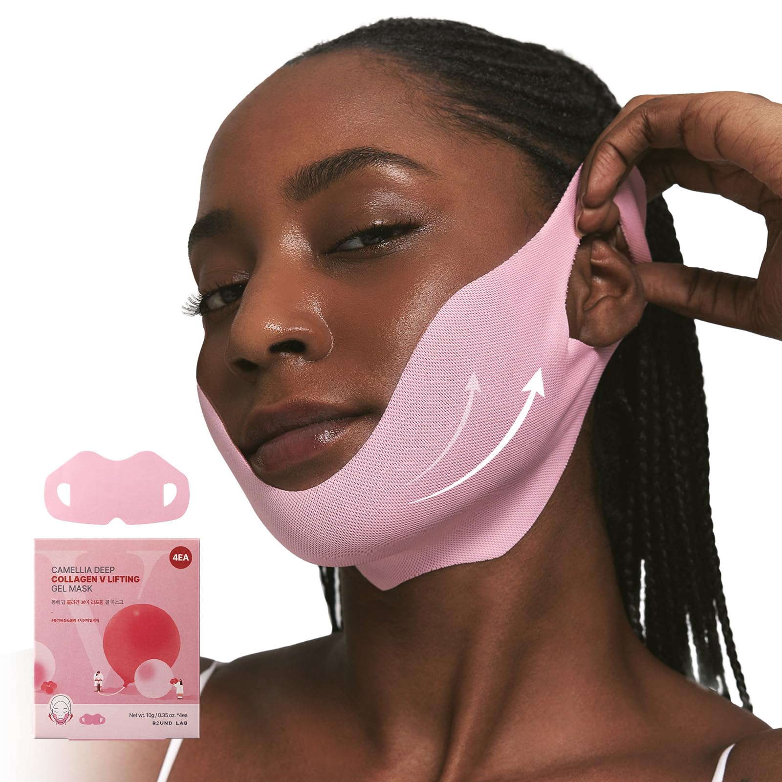 ROUND LAB Camellia Deep Collagen V lifting mask enhances the jawline for a firmer look.