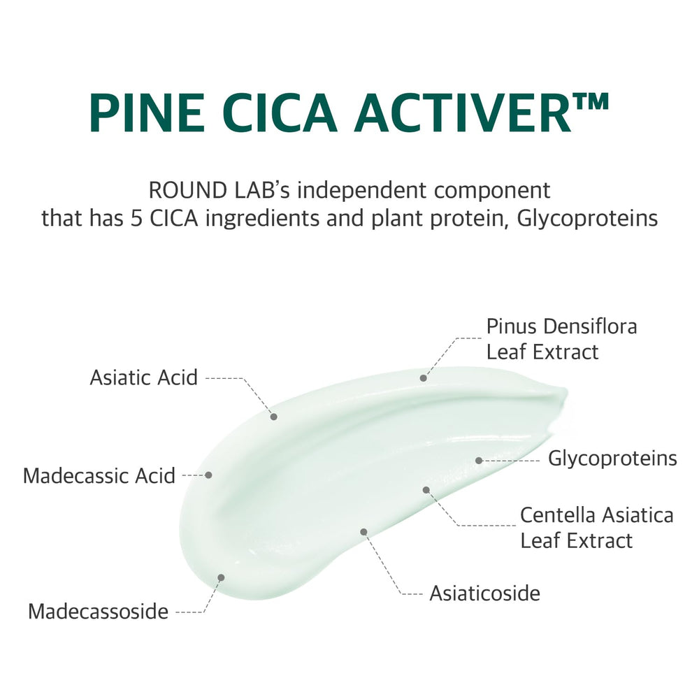 ROUND LAB Pine Calming Cica Cream swatch applied on skin for quick absorption.