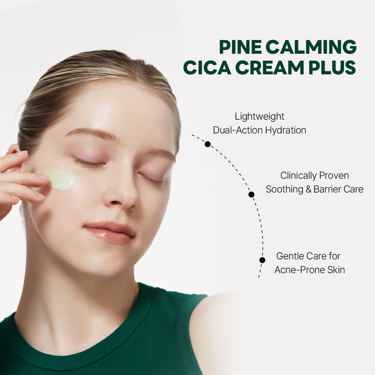ROUND LAB Pine Cica Calming Cream Plus dual-texture application image highlights soothing gel and cream layers.