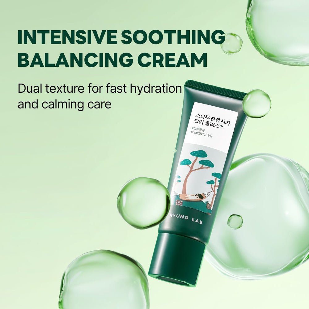 ROUND LAB Pine Cica Calming Cream Plus jar delivers lightweight feel with long-lasting moisture.