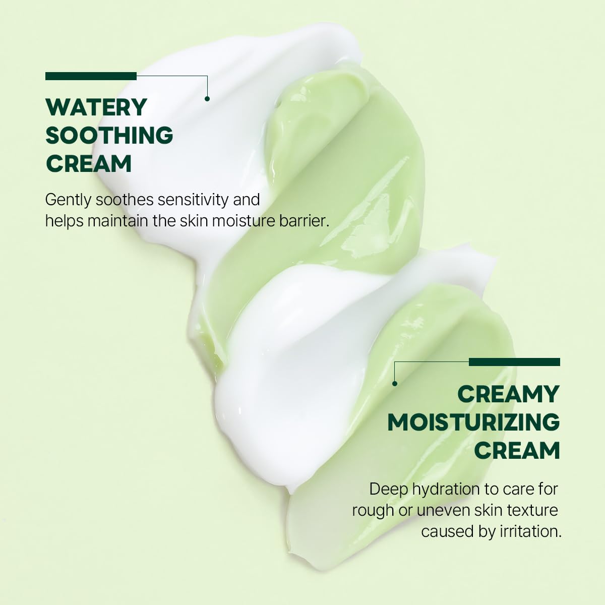 ROUND LAB Pine Cica Calming Cream Plus texture closeup emphasizes non-sticky hydration for sensitive skin.