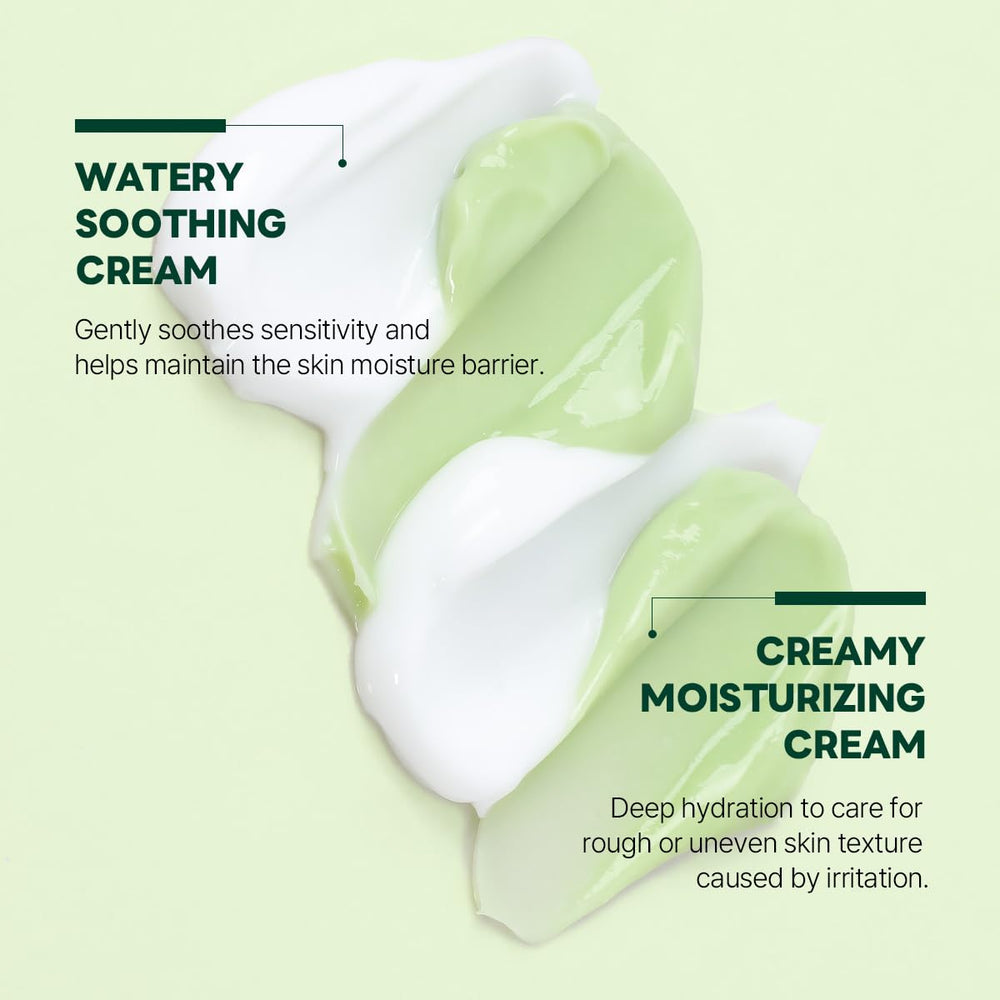 ROUND LAB Pine Cica Calming Cream Plus texture closeup emphasizes non-sticky hydration for sensitive skin.