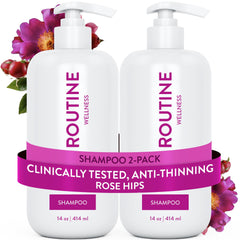 Routine Wellness Anti-Thinning Shampoo bottle promotes fuller-looking hair.