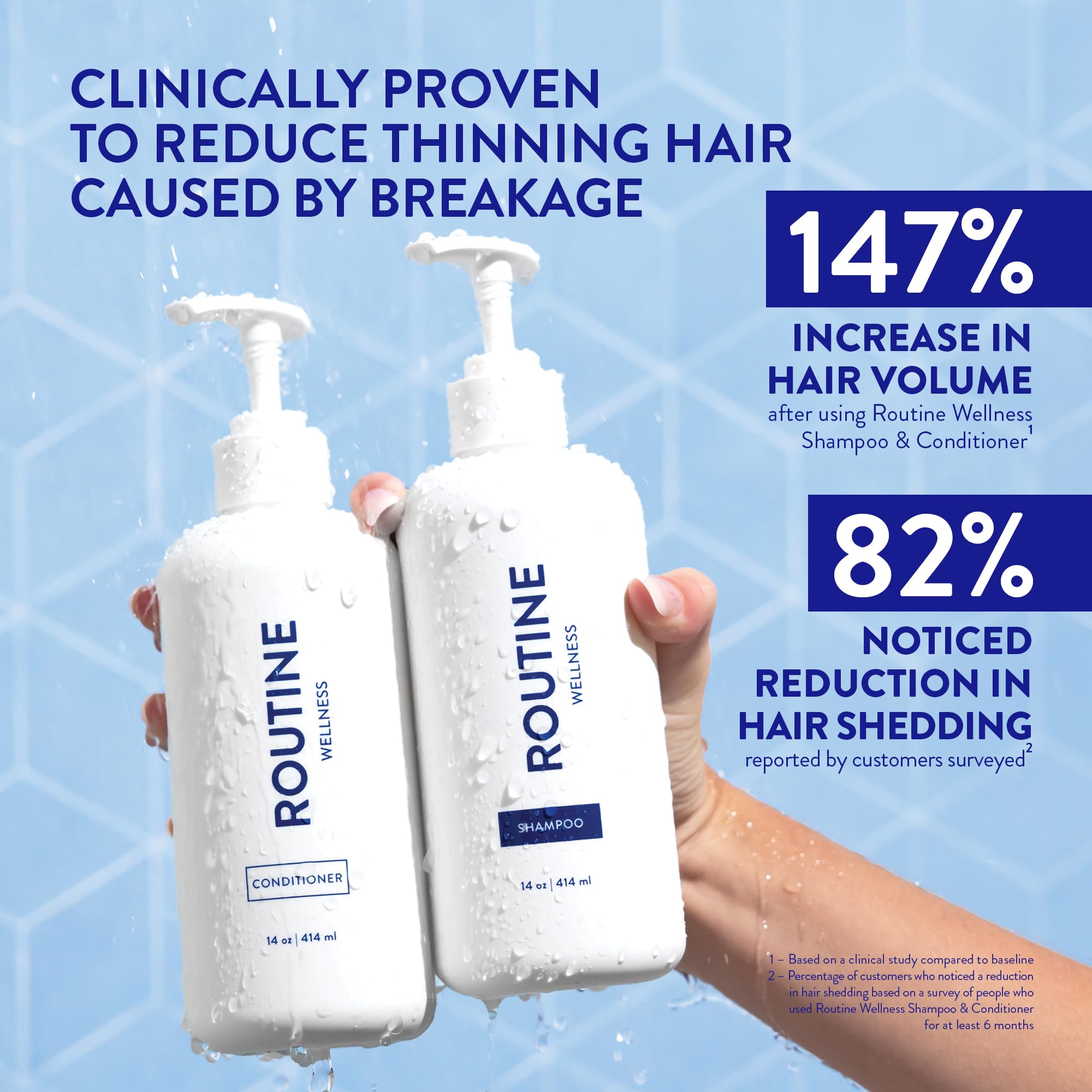 Routine Wellness shampoo bottle pour shown for gentle cleansing and volume.