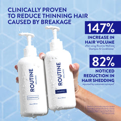 Routine Wellness shampoo bottle pour shown for gentle cleansing and volume.