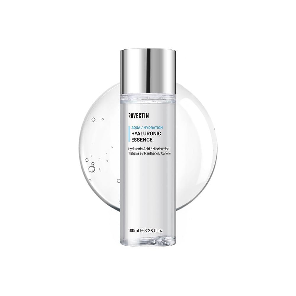 ROVECTIN Aqua Hyaluronic Essence bottle shows premium hydration for visibly smoother skin