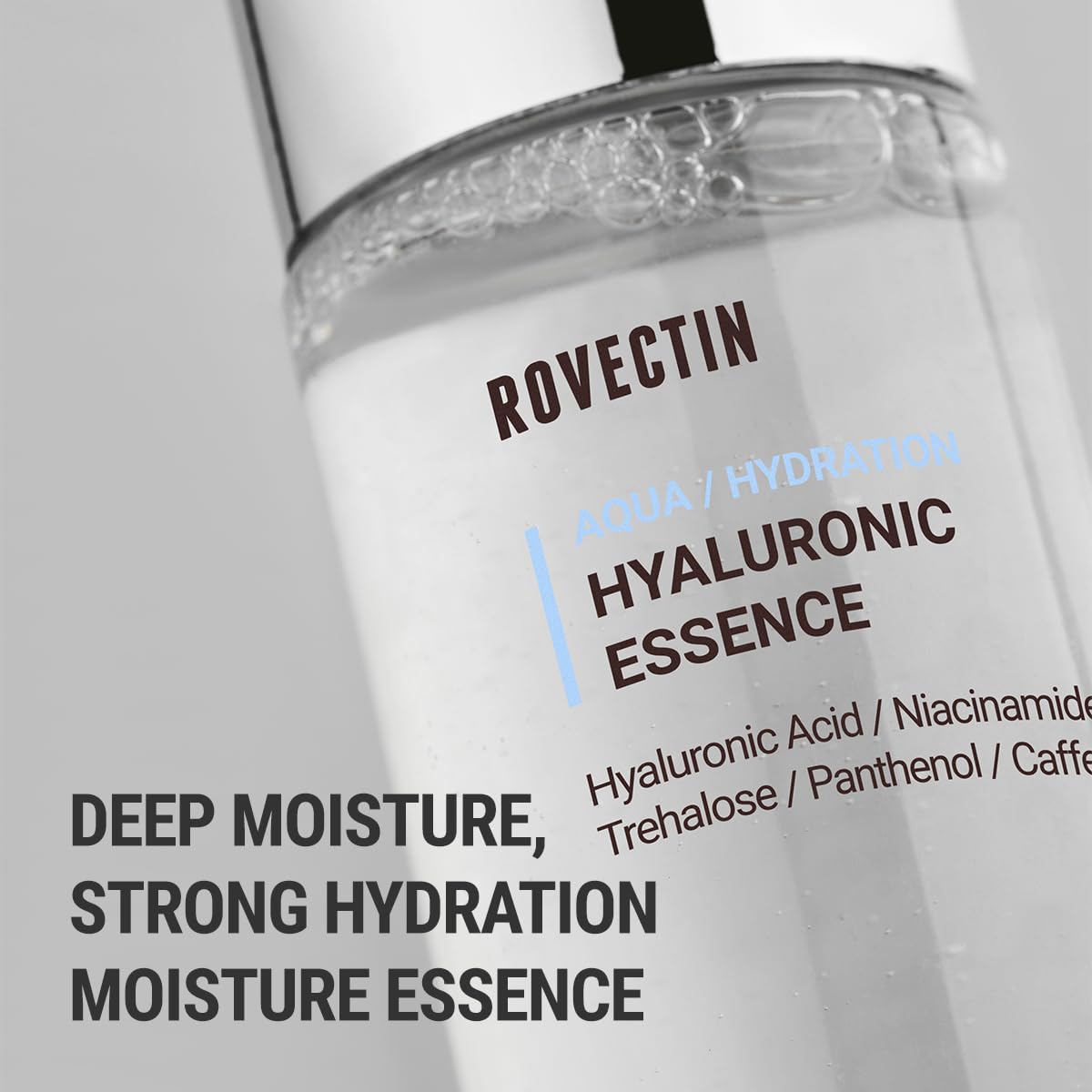 ROVECTIN Aqua Hyaluronic Essence ingredients-closeup emphasizes the seven hyaluronic acids for deep moisture
