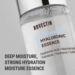 ROVECTIN Aqua Hyaluronic Essence ingredients-closeup emphasizes the seven hyaluronic acids for deep moisture