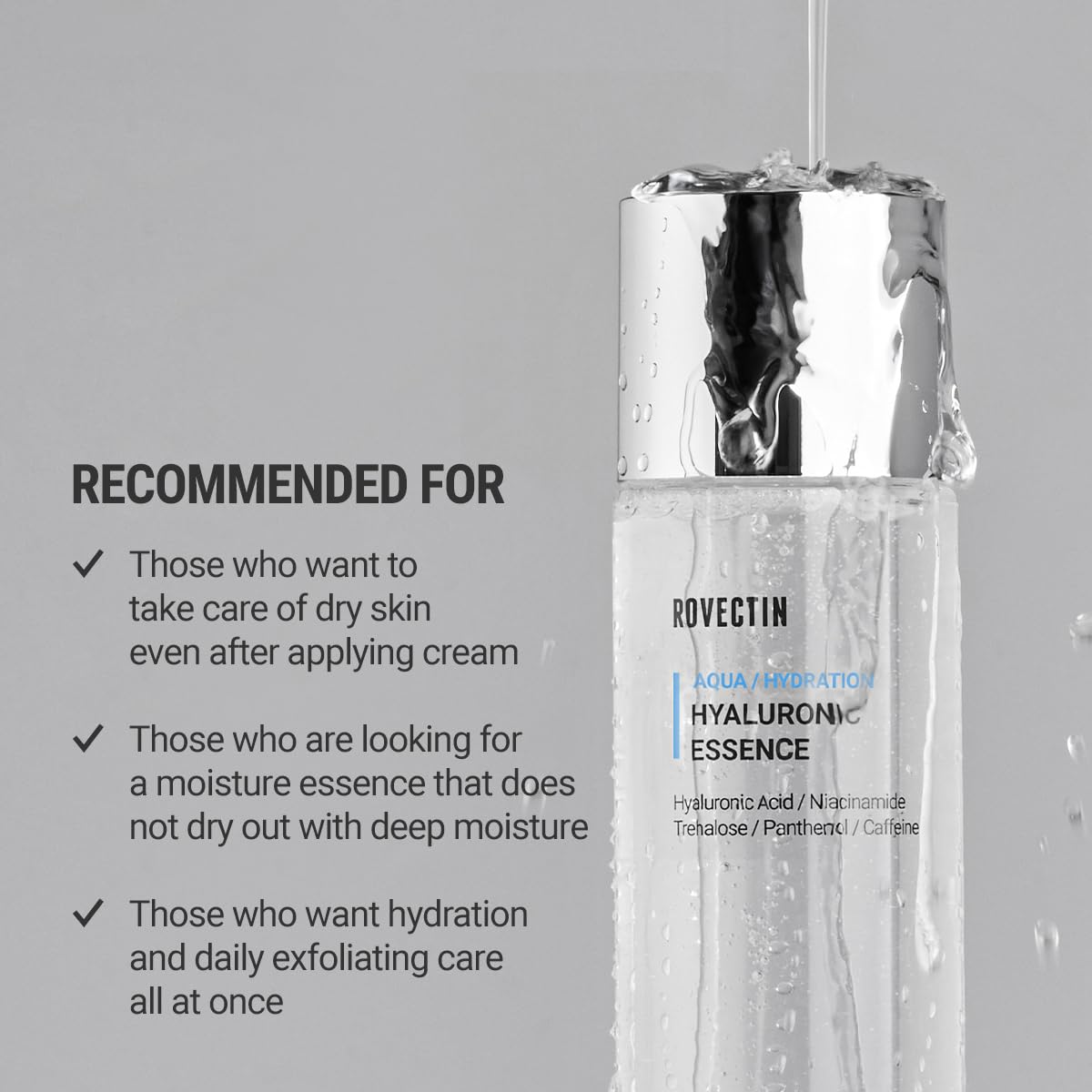 ROVECTIN Aqua Hyaluronic Essence texture-swirl highlights a lightweight, non-greasy hydration layer