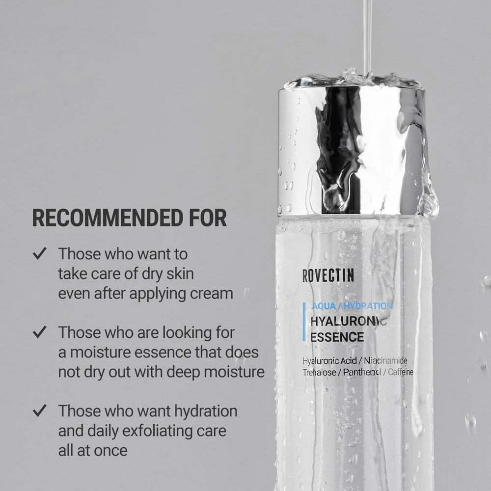 ROVECTIN Aqua Hyaluronic Essence texture-swirl highlights a lightweight, non-greasy hydration layer