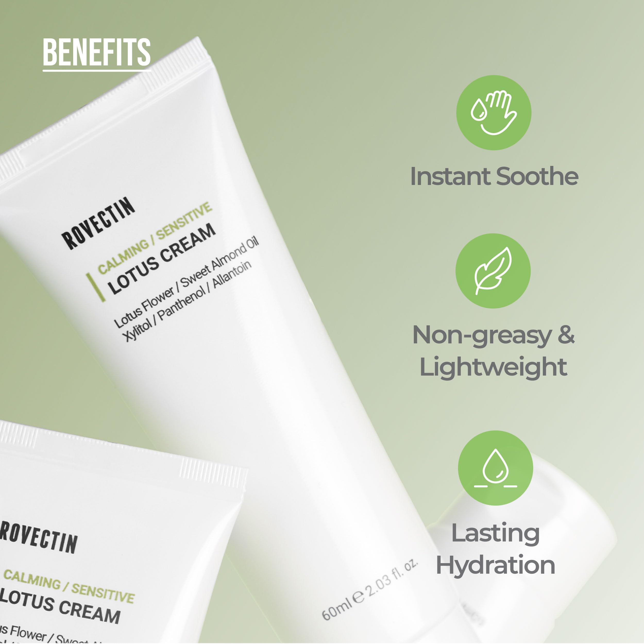 ROVECTIN Calming Lotus Cream close-up displaying creamy consistency for daily rituals