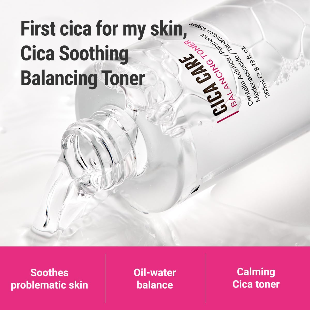 Close-up of Rovectin CICA Care Toner label highlighting gentle, dermatologist-tested formula