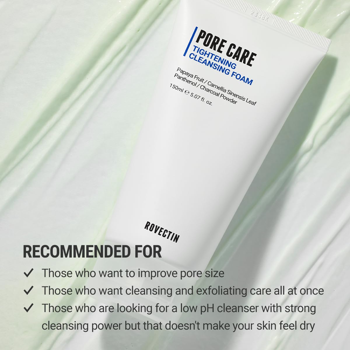 ROVECTIN foam on skin showing gentle cleansing and pore tightening effect