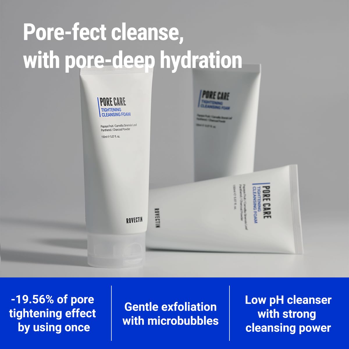 ROVECTIN Pore Tightening Foam tube close-up highlighting charcoal and AHA/BHA/PHA