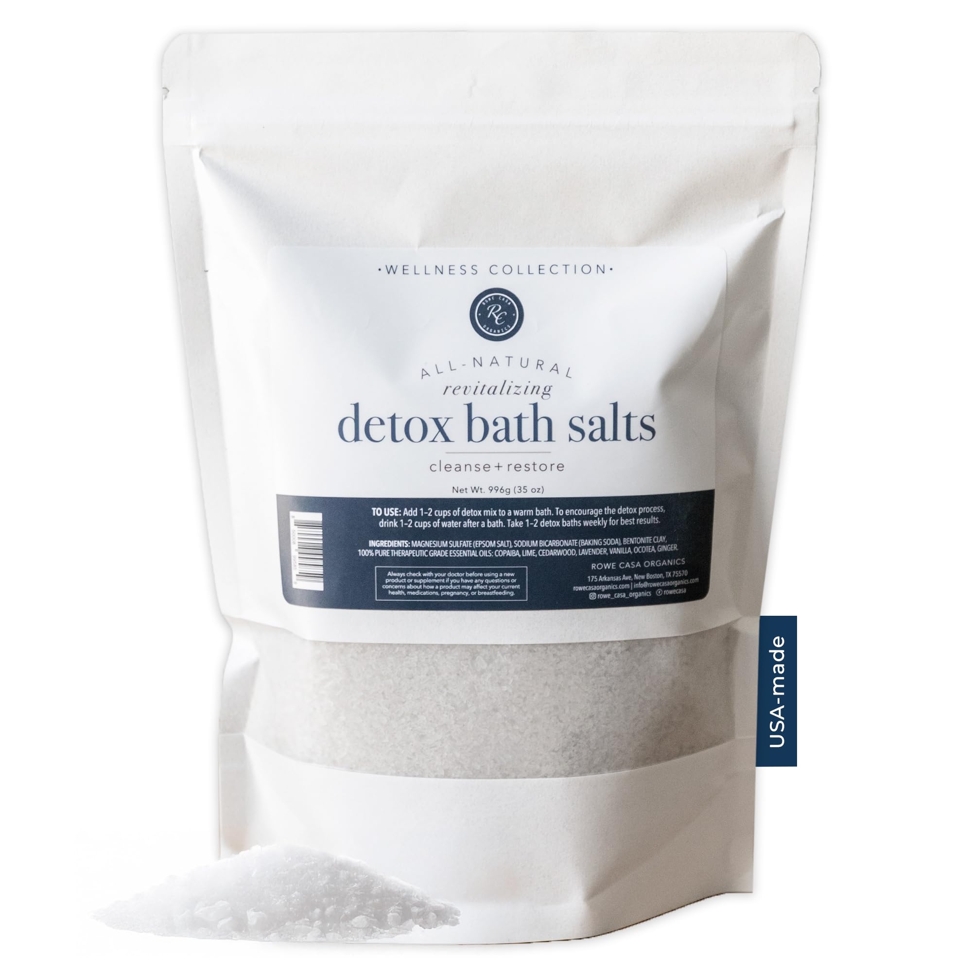 Rowe Casa Organics Detox Bath Salts bottle ready for a relaxing cleanse after a long day
