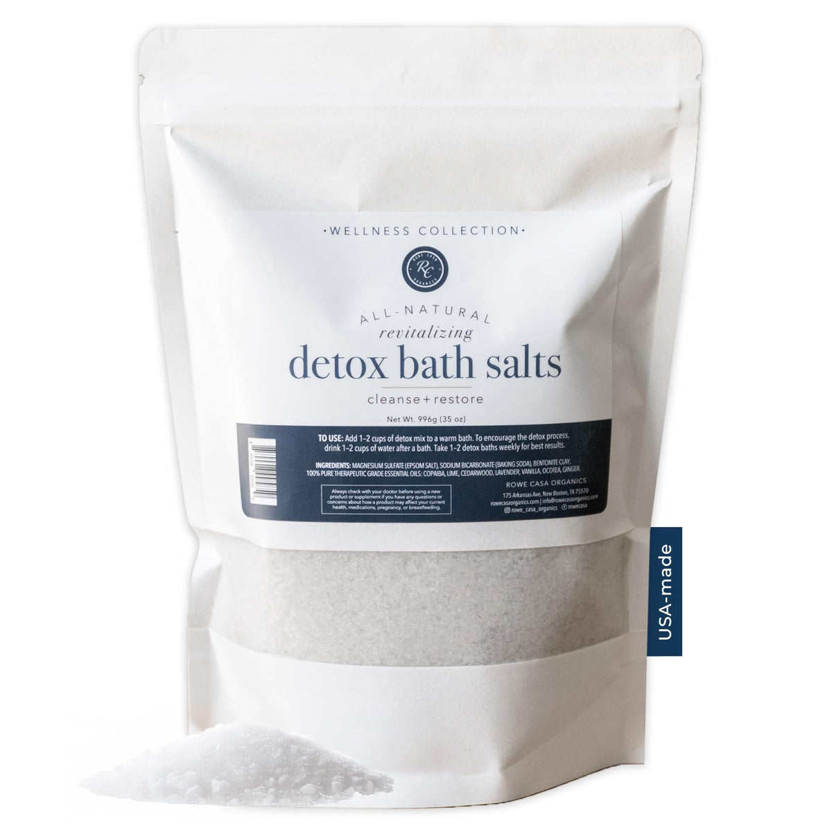 Rowe Casa Organics Detox Bath Salts bottle ready for a relaxing cleanse after a long day