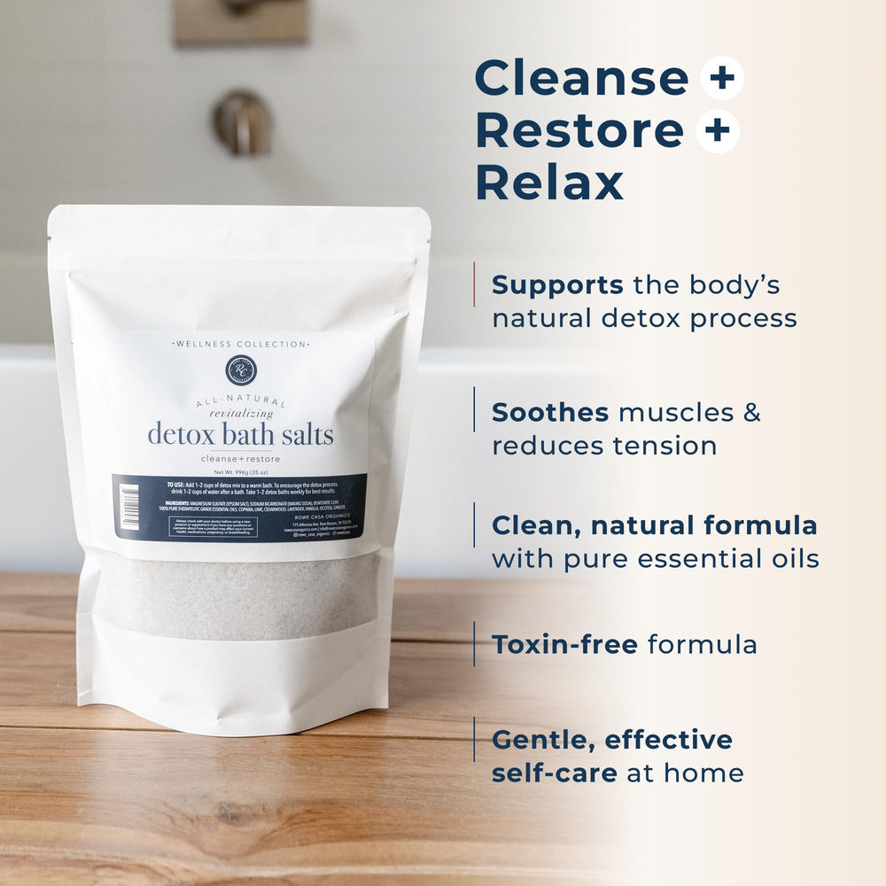 Rowe Casa Organics Detox Bath Salts packaging features lavender and cedarwood essential oils