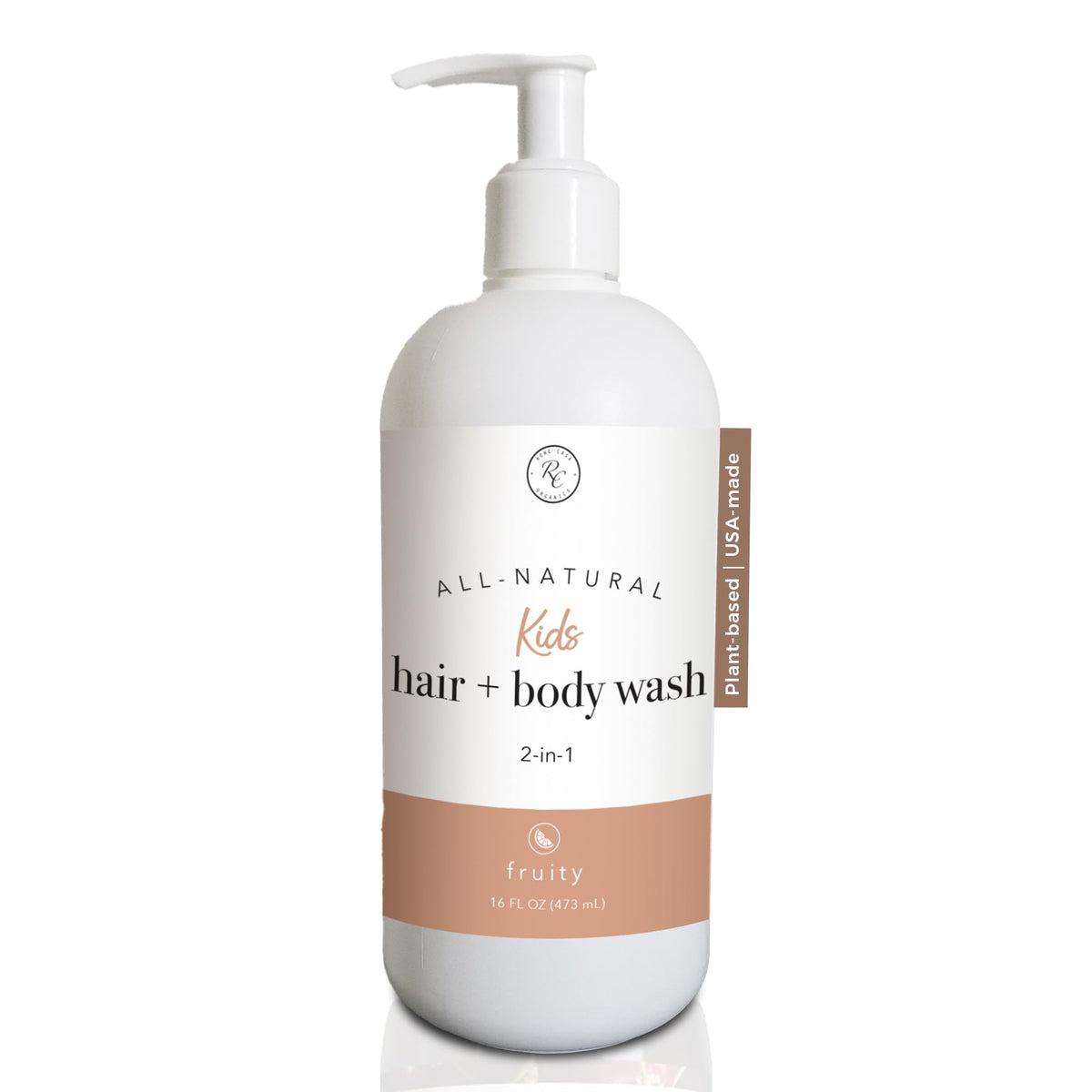 Rowe Casa Organics fruity kids shampoo bottle on shelf for easy bath-time use.