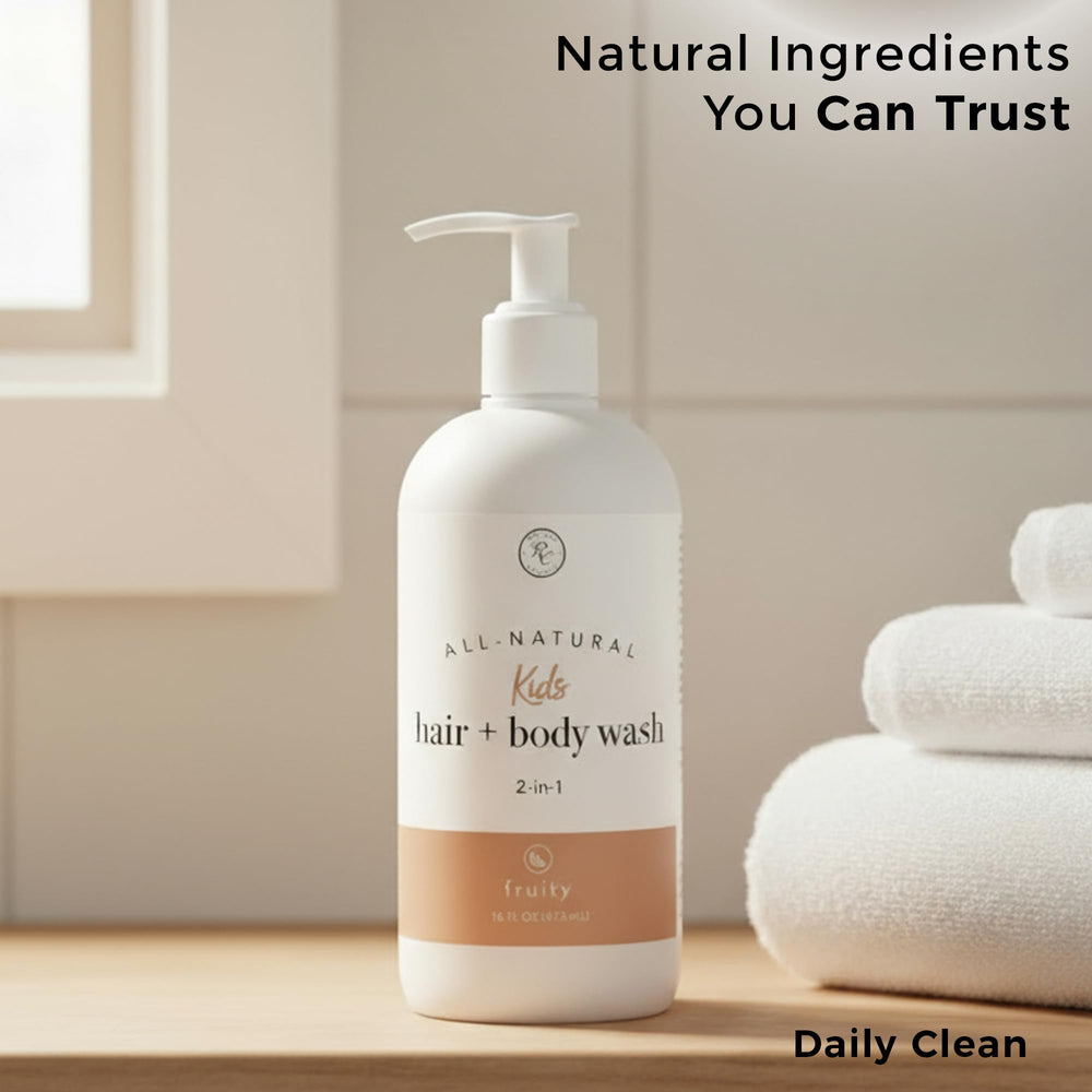 Child washing hair with Rowe Casa Organics 2-in-1 wash during bath time.