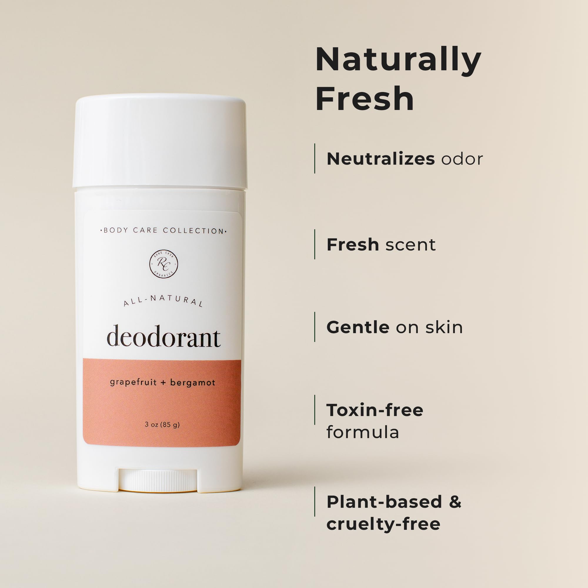 Rowe Casa Organics 2 oz deodorant tube beside packaging for travel-friendly use.