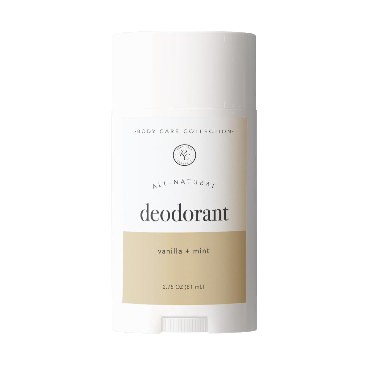 Rowe Casa Organics Vanilla and Mint deodorant bottle shows aluminum-free daily freshness.