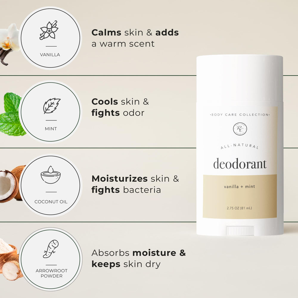 Rowe Casa Organics Vanilla and Mint ingredients highlight plant-based formula without aluminum.