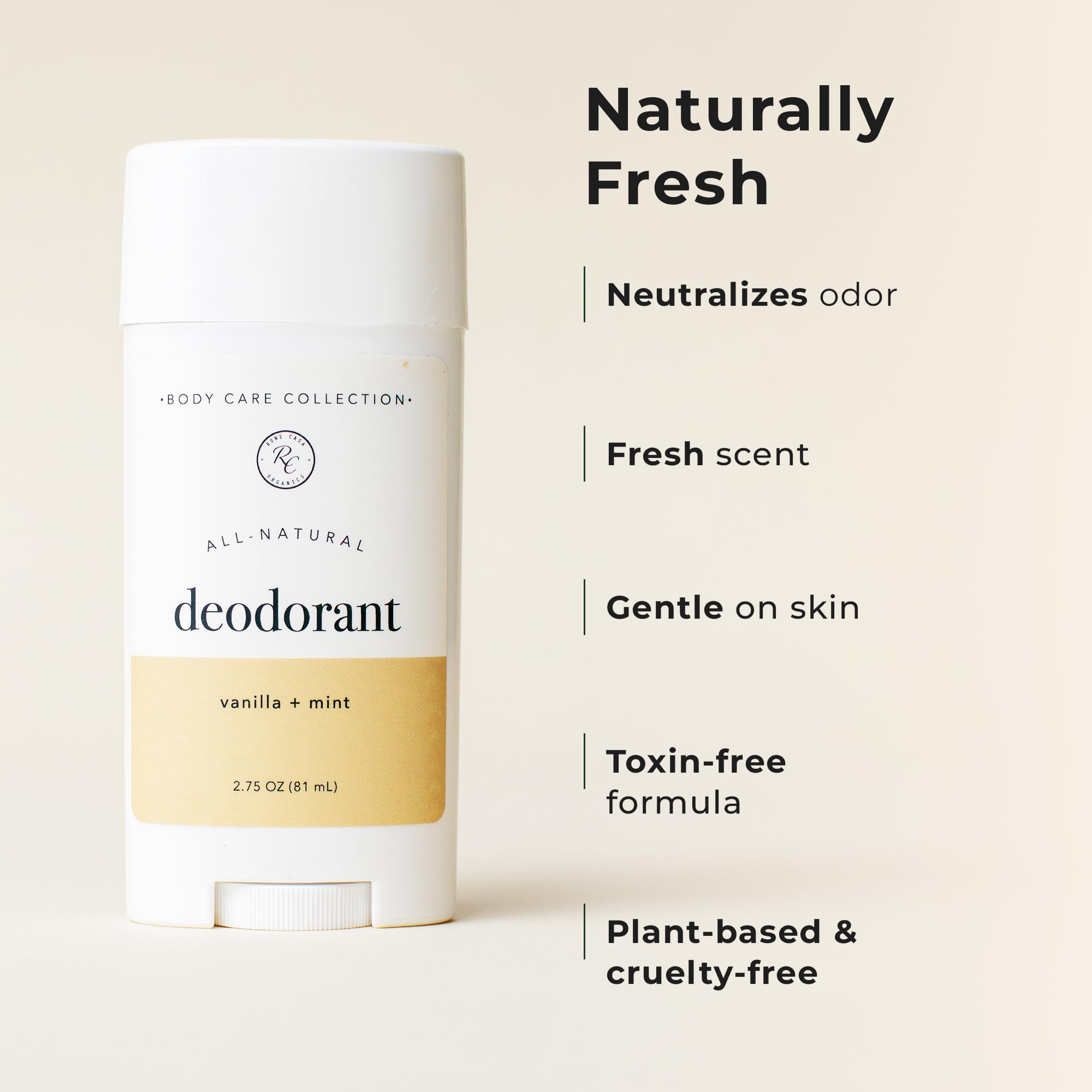 Rowe Casa Organics Vanilla and Mint provides long-lasting freshness for active days.