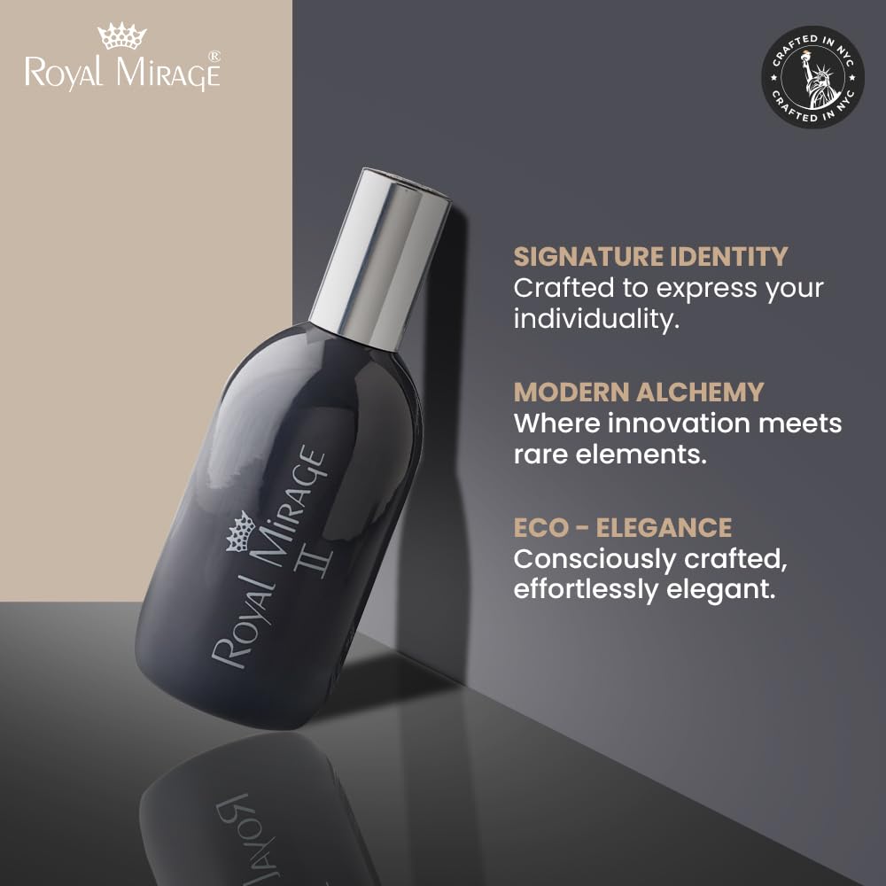 Royal Mirage II wear-anytime image suggests versatile fragrance for social events.