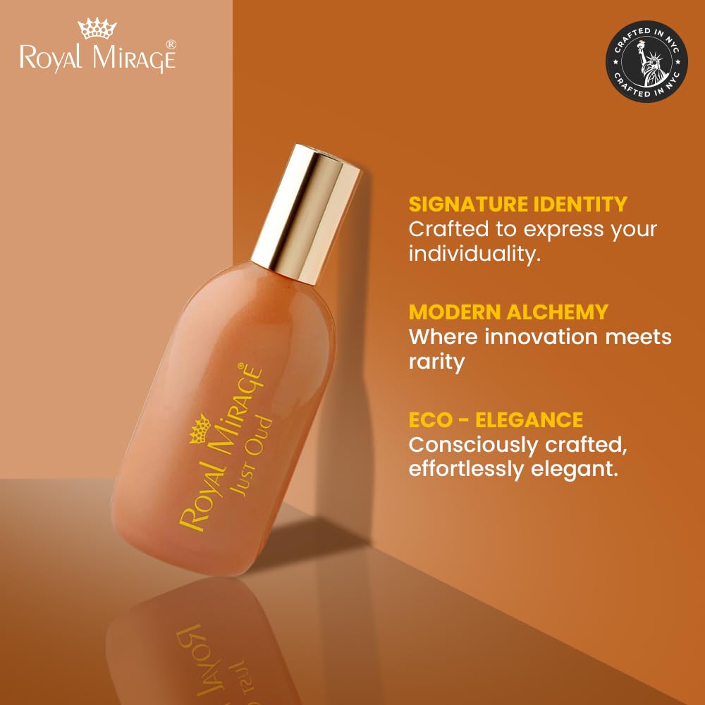 Royal Mirage Just Oud bottle in dim lighting suggesting long-lasting night-time wear