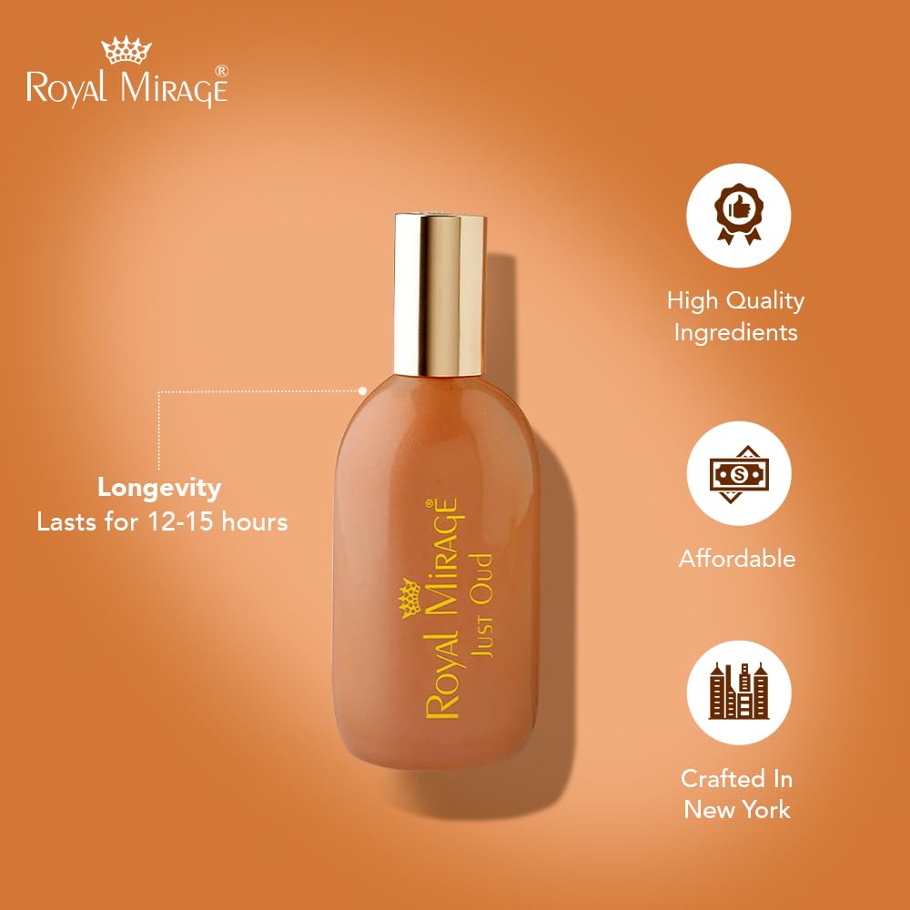 Royal Mirage Just Oud label close-up showing heritage and premium craftsmanship