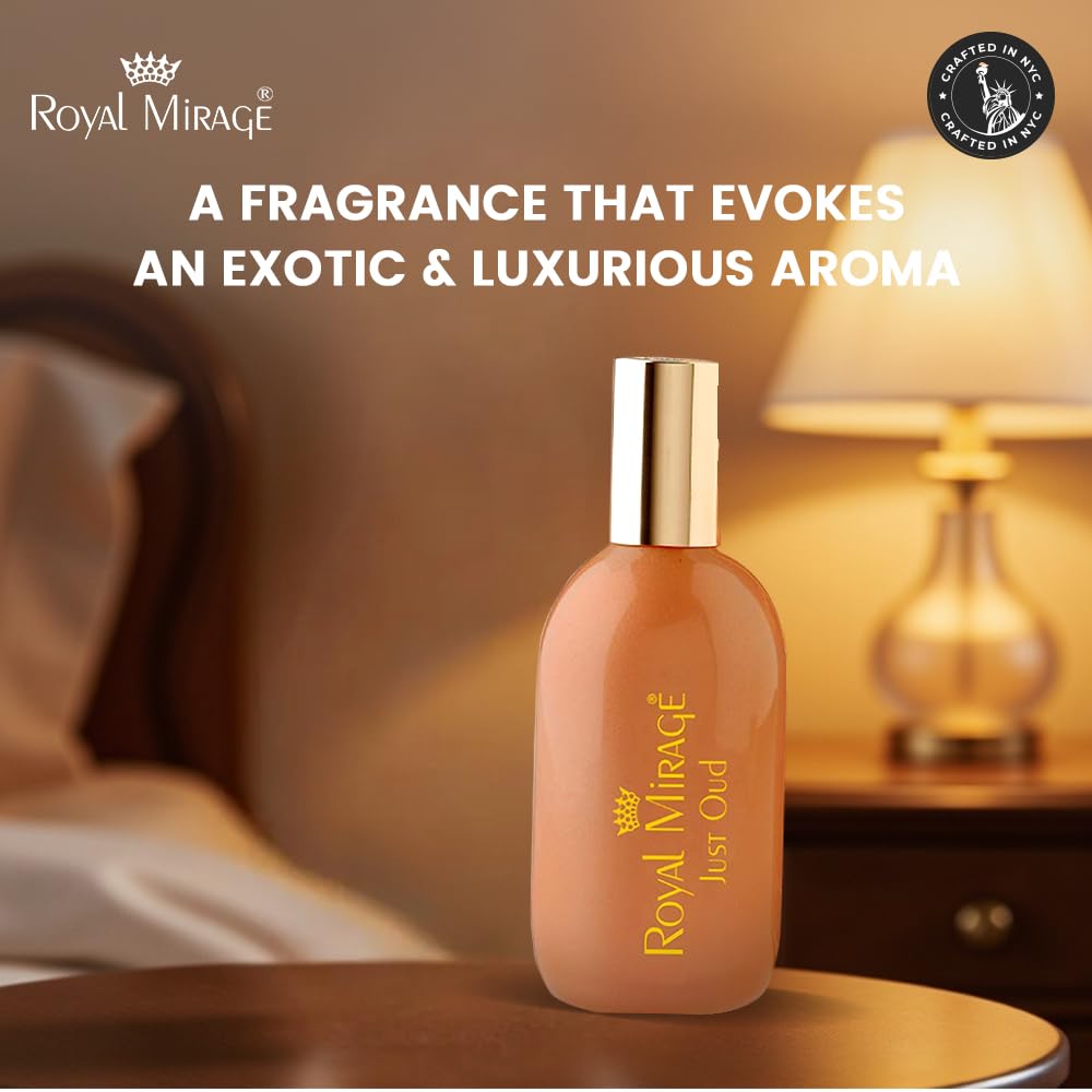 Royal Mirage Just Oud packaging box close-up with recyclable materials and luxury presentation