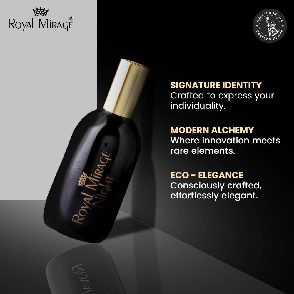 Royal Mirage Night EDC box and labels emphasize sustainable packaging and premium design.