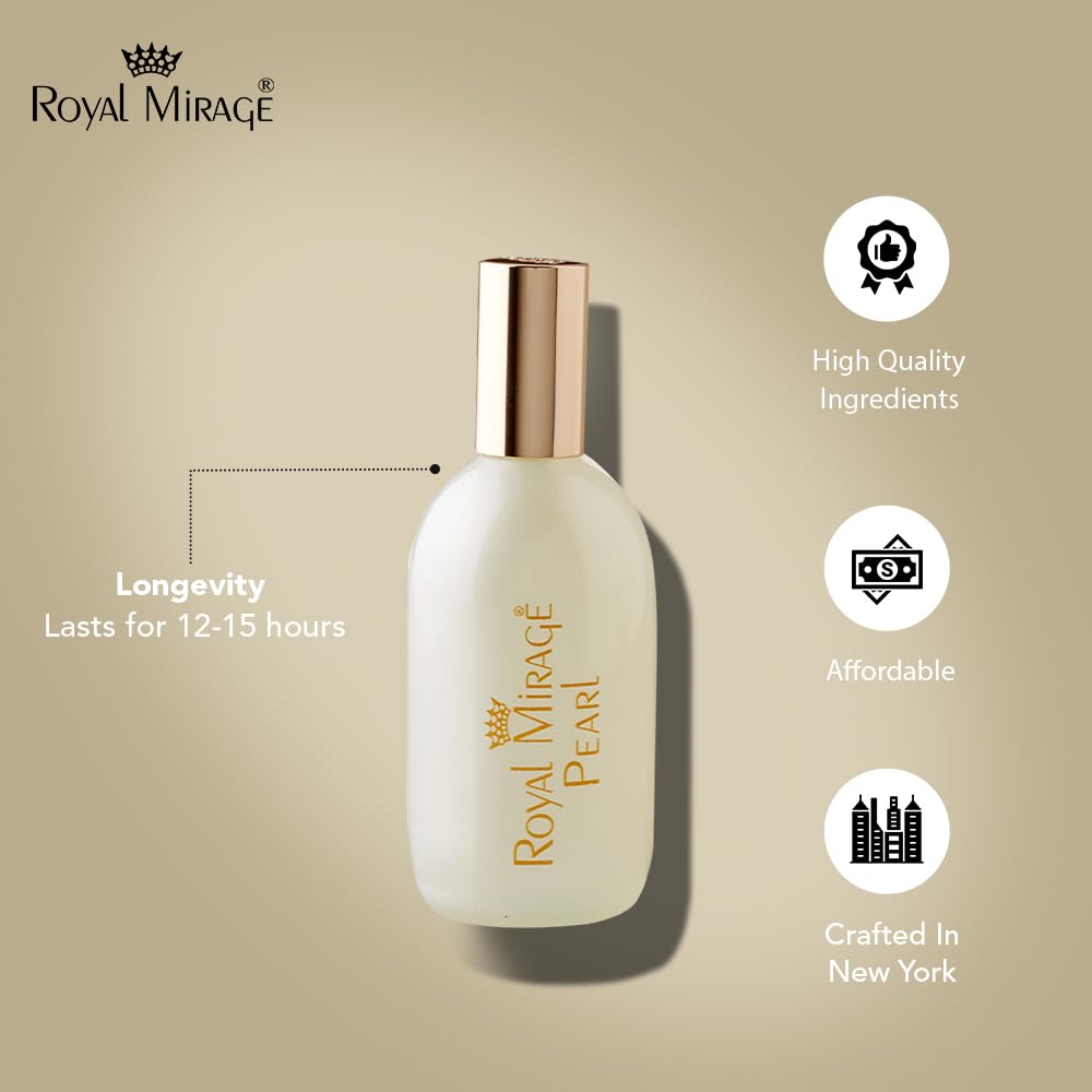 Royal Mirage Pearl EDC base notes sandalwood and musk for lasting character.