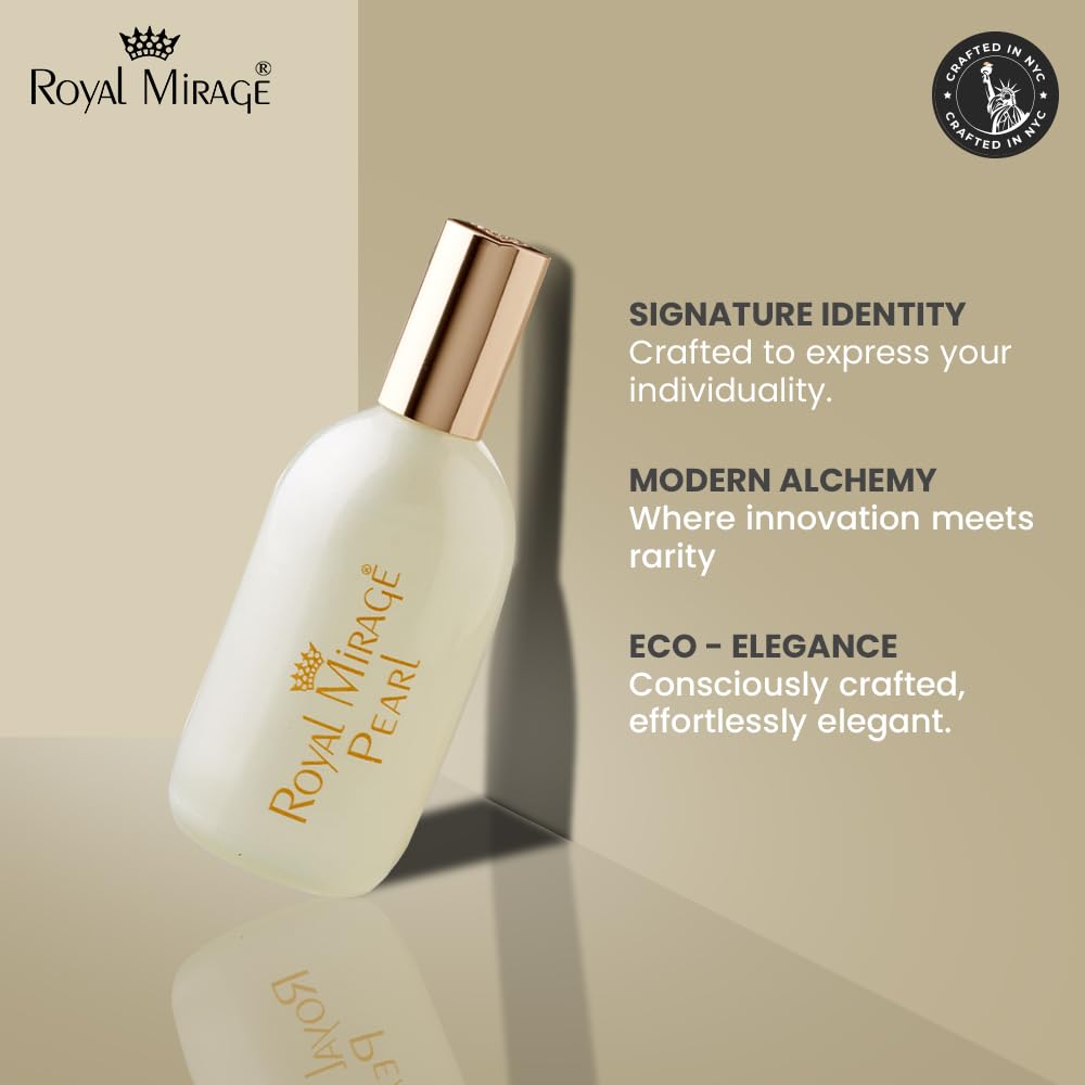 Royal Mirage Pearl EDC packaging is recyclable, reflecting eco-conscious luxury.