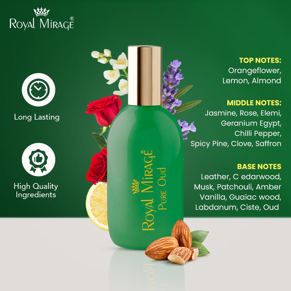 Royal Mirage Pure Oud EDC label detail shows authentic craftsmanship and Arabian perfumery heritage