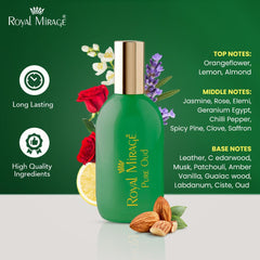 Royal Mirage Pure Oud EDC label detail shows authentic craftsmanship and Arabian perfumery heritage
